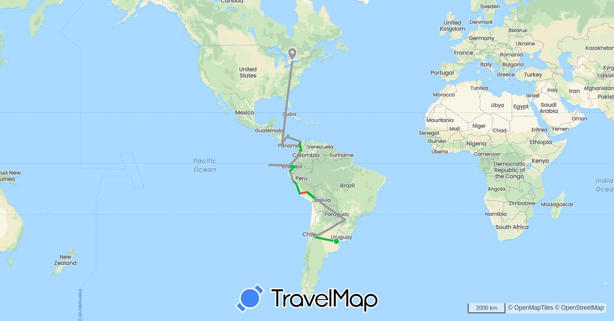 TravelMap itinerary: driving, bus, plane, hiking, boat in Argentina, Brazil, Canada, Colombia, Costa Rica, Ecuador, Peru (North America, South America)